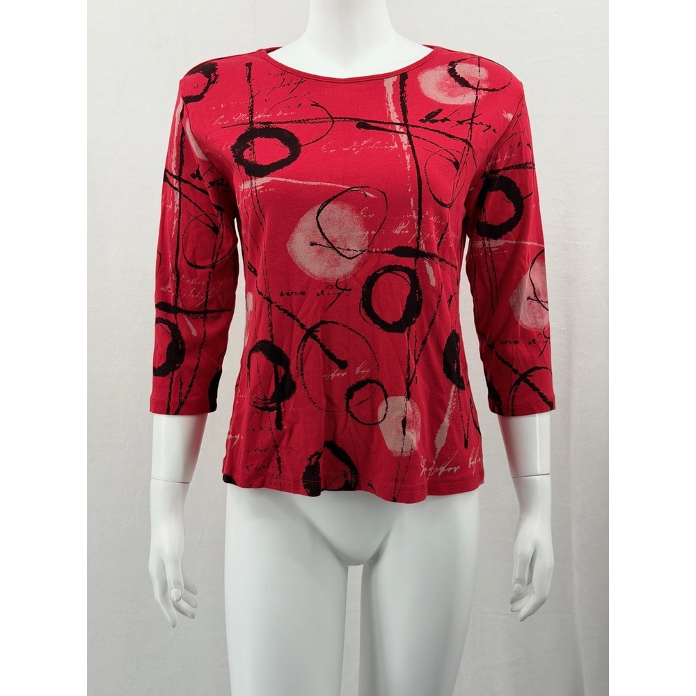 Jess & Jane Top Women Medium Red Black Abstract Artsy USA 100% Cotton 3/4 Sleeve